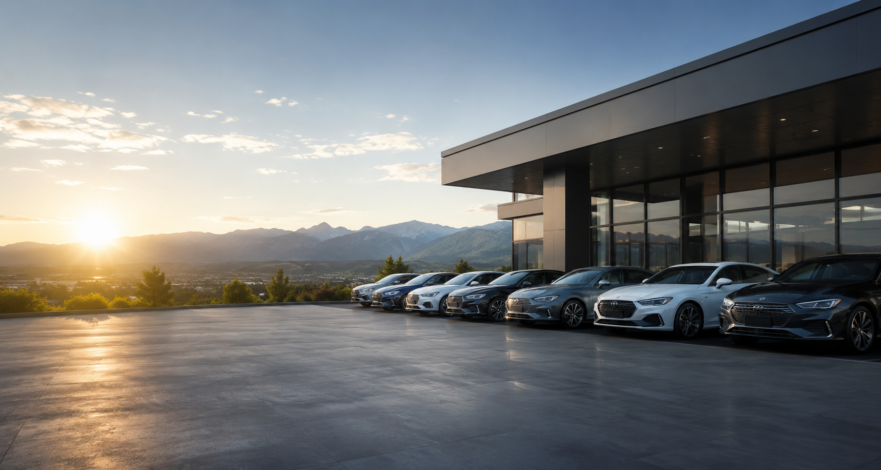 Towns Auto dealership lineup at sunset